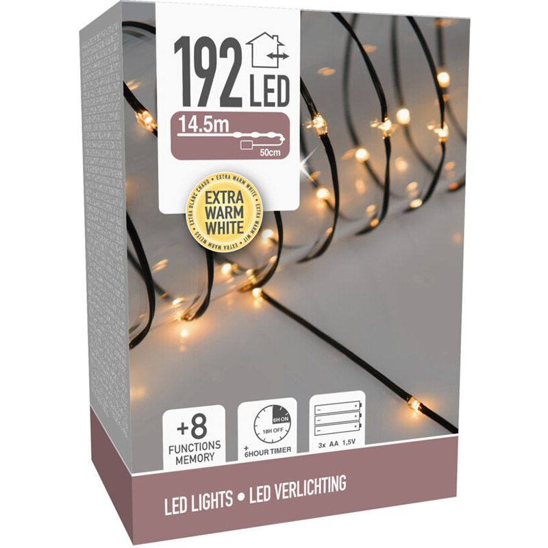 Led Verlichting 192 Led - Extra Warm Wit - Op Batterij - 8 Lichtfuncties - Timer - Soft Wire