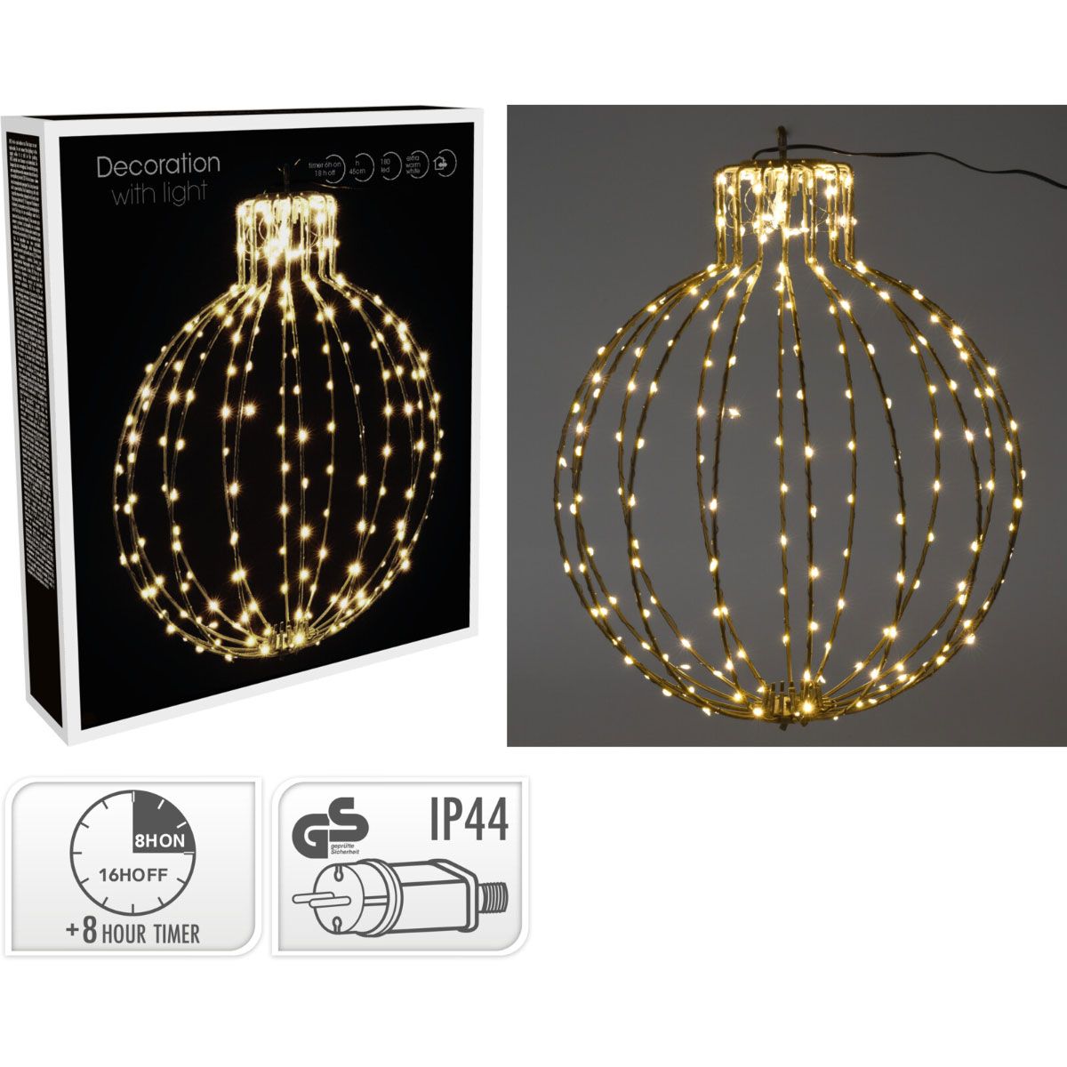 Verlichte Kerstbal - 45Cm - Zwart Frame