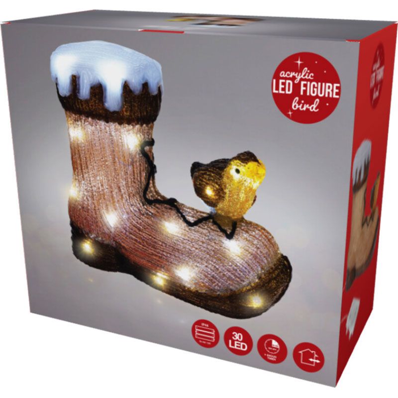 Kerstfiguur Acryl - Vogel Op Laars - Led - 28Cm