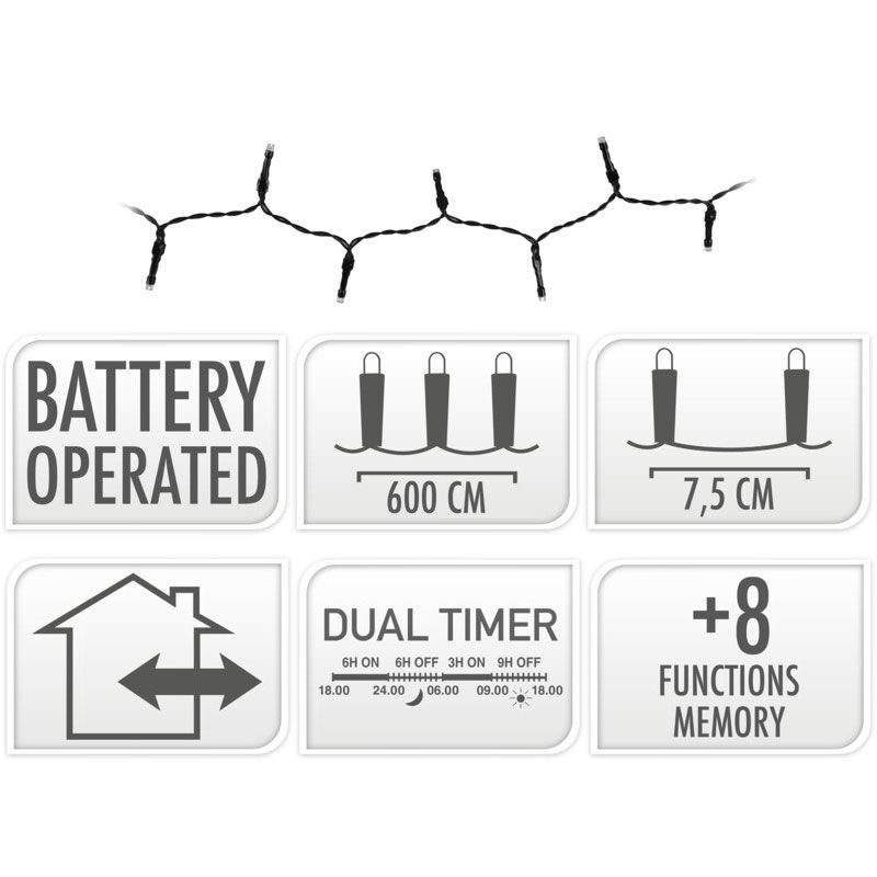 Led-Verlichting 80 Led - Warm Wit - Op Batterij - 8 Lichtfuncties - Dual-Timer