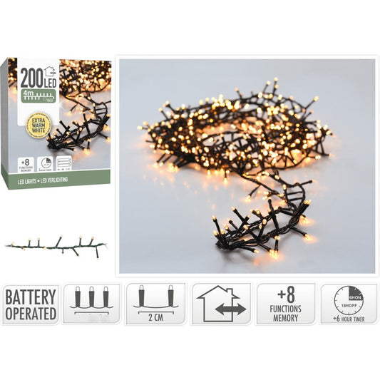 Micro Cluster 200 Led - 4M - Extra Warm Wit - Batterij - Lichtfuncties - Geheugen - Timer