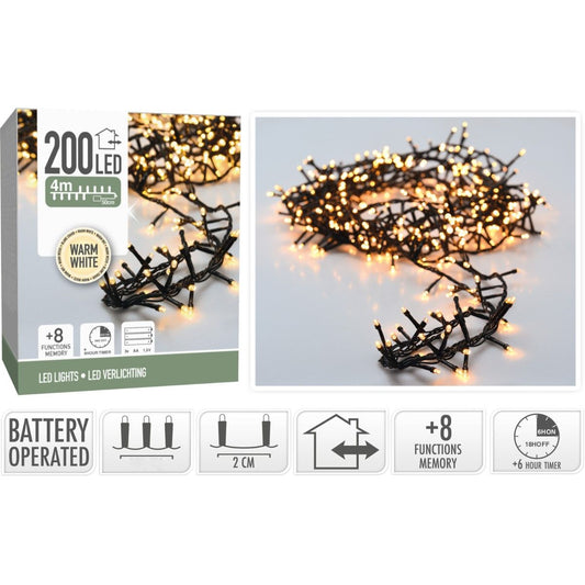 Micro Cluster 200 Led - 4M - Warm Wit - Batterij - Lichtfuncties - Geheugen - Timer