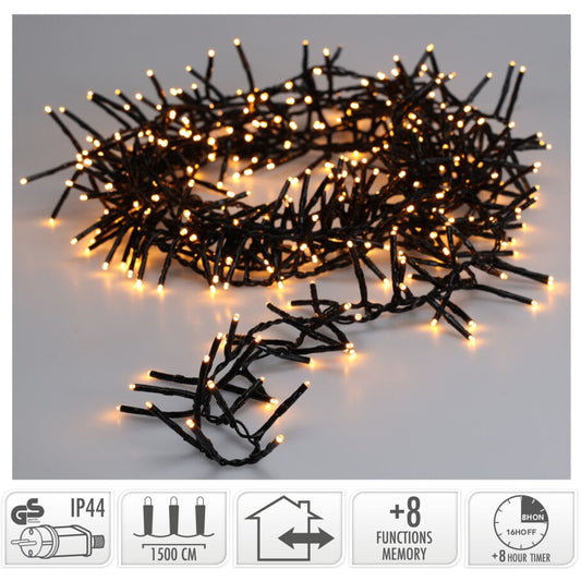 Maxi Cluster Kerstverlichting - 1000 Led - 15M - Extra Warm Wit - Timer - Lichtfuncties - Geheugen - Buiten