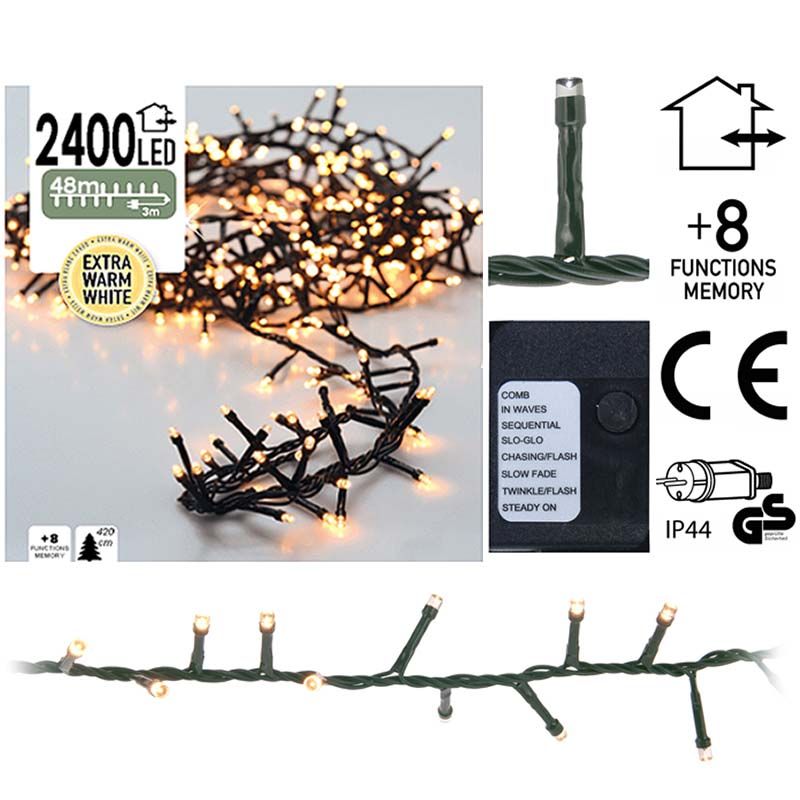 Micro Cluster 2400 Led's - 48 Meter - Extra Warm Wit - 8 Functies + Geheugen