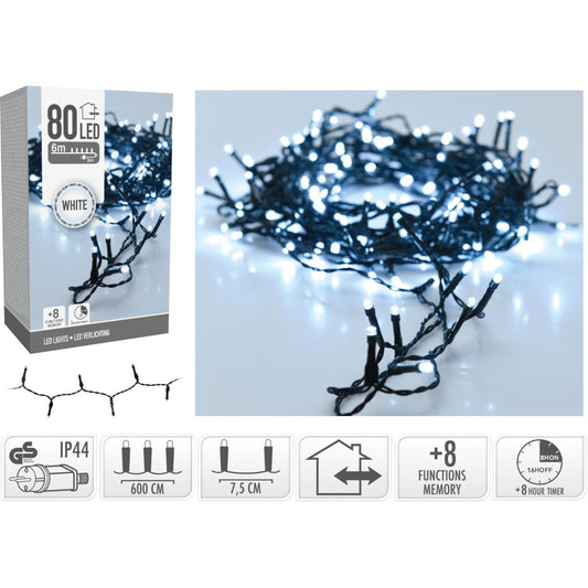 Kerstverlichting 80 Led- 6M - Wit - Timer - Lichtfuncties - Geheugen - Buiten