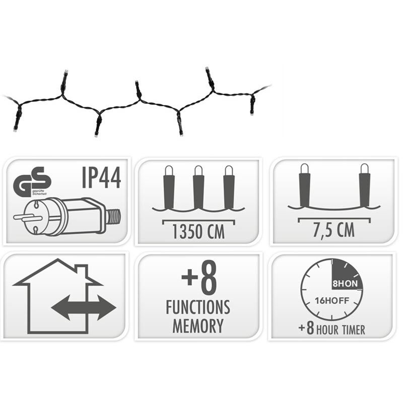 Kerstverlichting 180 Led- 13.5M - Wit - Timer - Lichtfuncties - Geheugen - Buiten