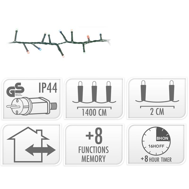 Microcluster - 700 Led - 14M - Multicolor - Timer - Lichtfuncties - Geheugen - Buiten