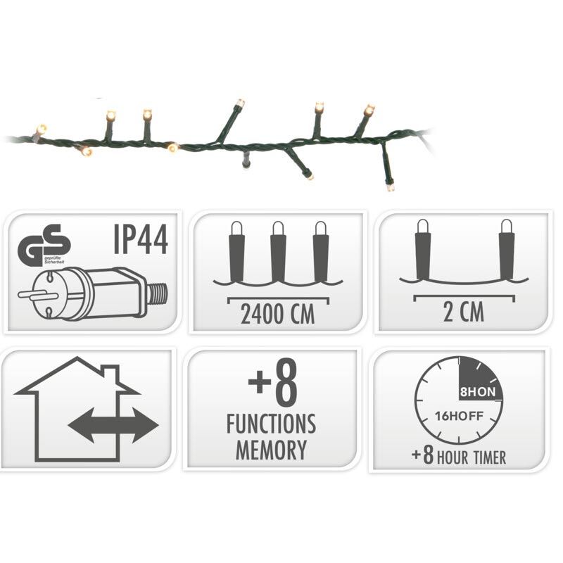 Microcluster - 1200 Led - 24M - Extra Warm Wit - Timer - Lichtfuncties - Geheugen - Buiten