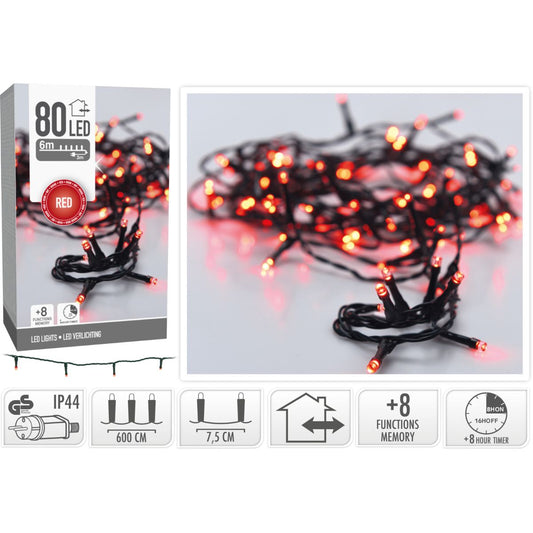 Kerstverlichting 80 Led- 6M - Rood - Timer - Lichtfuncties - Geheugen - Buiten