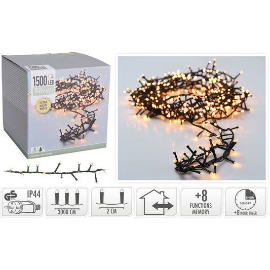 Microcluster - 1500 Led - 30M - Extra Warm Wit - Timer - Lichtfuncties - Geheugen - Buiten