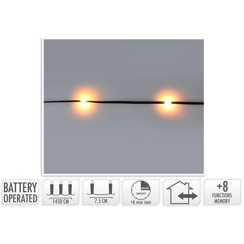 Led Verlichting  192 Led - Extra Warm Wit - Op Batterij - 8 Lichtfuncties - Timer - Soft Wire