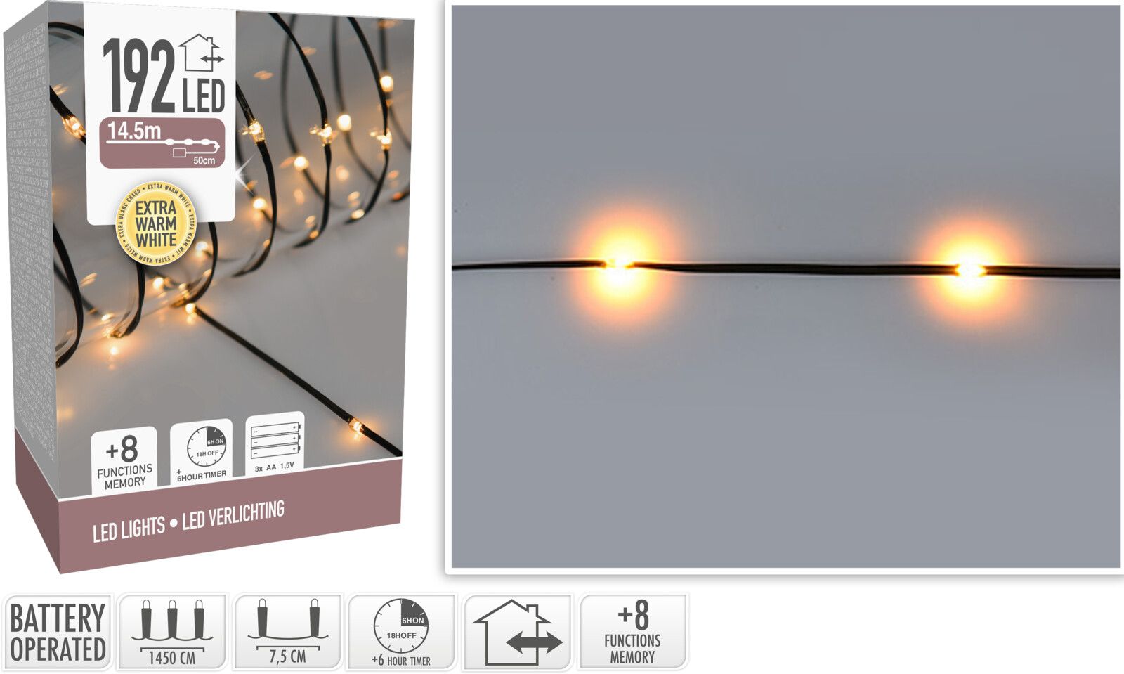 Led Verlichting  192 Led - Extra Warm Wit - Op Batterij - 8 Lichtfuncties - Timer - Soft Wire