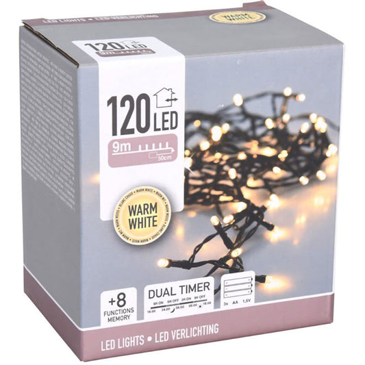 Led Verlichting 120 Led - 9 Meter - Warm Wit - Batterijbox 120 Warm Wit - Dual-Timer - Geheugen En Lichtfuncties
