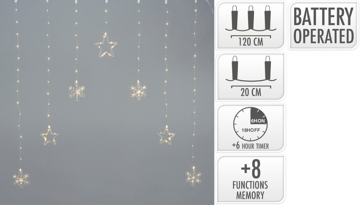 Kerstverlichting Lichtgordijn -Sterren - Sneeuwvlokken - 120X120Cm - Op Batterijen