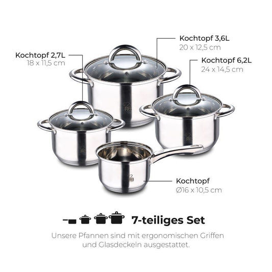 Renberg Alexander Pannenset Rvs - Inductie - 7 Delig - 4  Kookpannen Ø 16 - 18 - 20 - 24 Cm + 3 Deksels