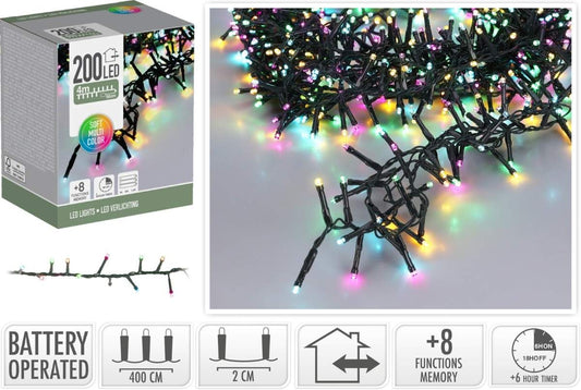 Micro Cluster 200 Led - 4M - Soft Multi Colour - Batterij - Lichtfuncties - Geheugen - Timer