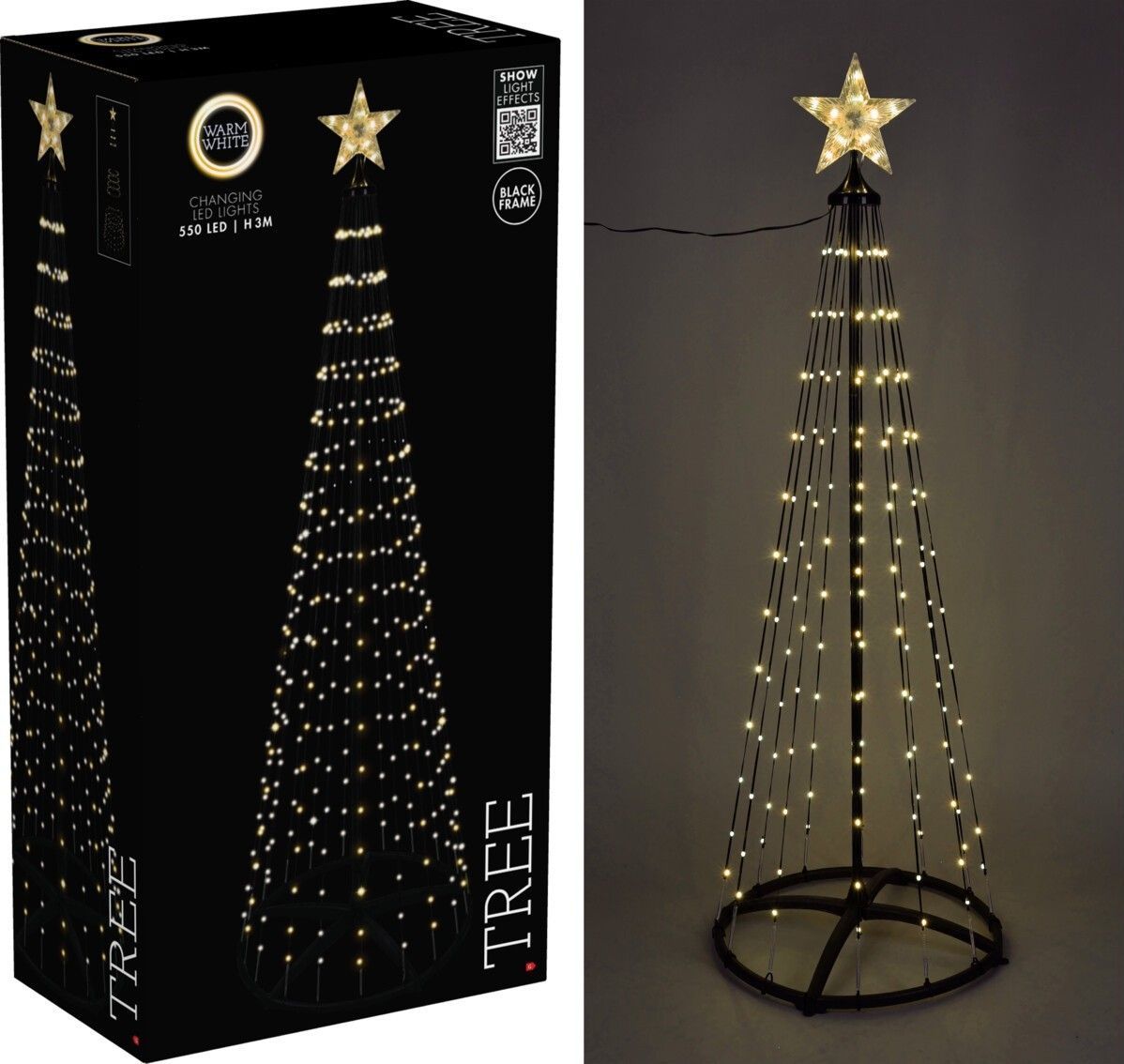 Kerstboom - Vlaggenmast - 300Cm - 550 Led - Zwart Frame - Warm Wit