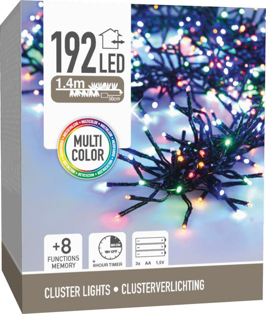 Clusterverlichting 192 Led -  1.4M - Multicolor - Batterij - Lichtfuncties - Geheugen - Timer