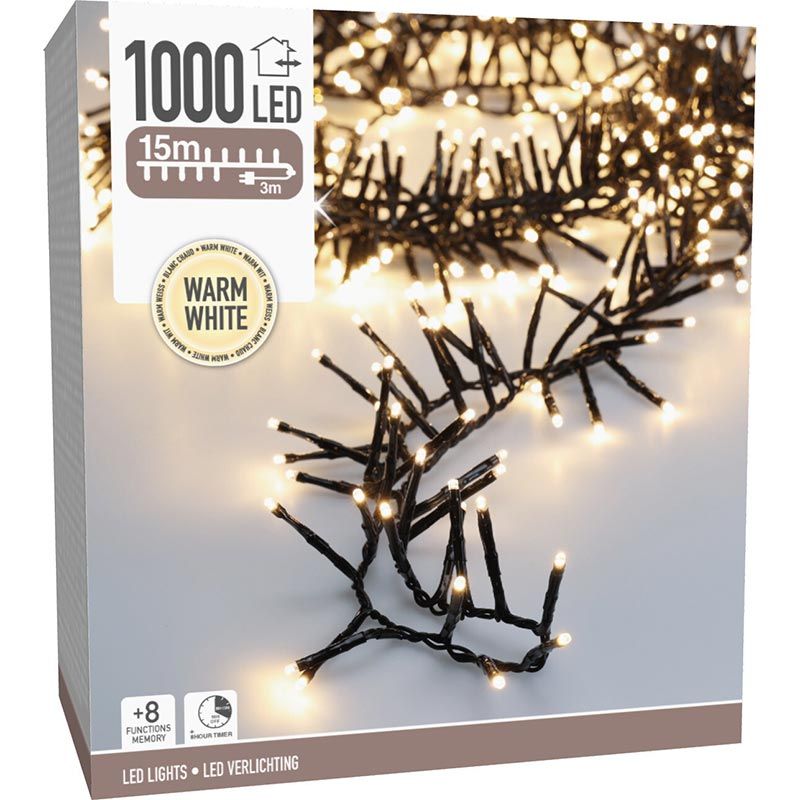 Maxi Cluster Kerstverlichting - 1000 Led - 15M - Warm Wit - Timer - Lichtfuncties - Geheugen - Buiten