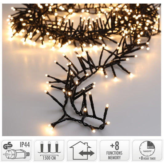 Maxi Cluster Kerstverlichting - 1000 Led - 15M - Warm Wit - Timer - Lichtfuncties - Geheugen - Buiten