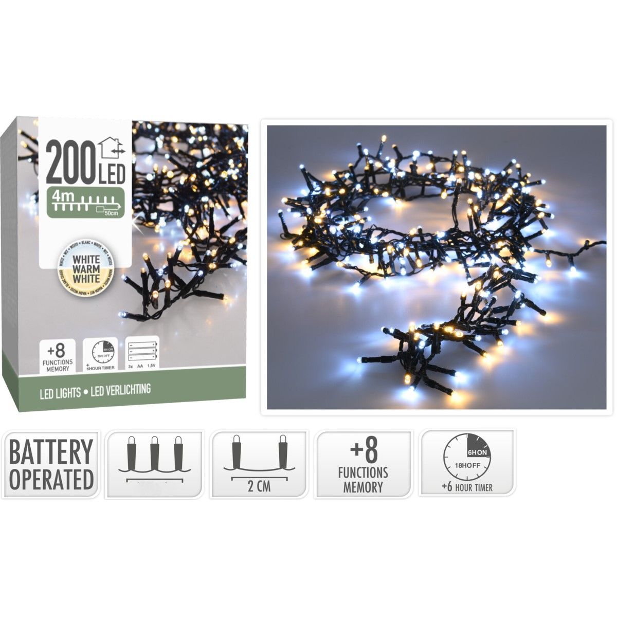 Micro Cluster 200 Led - 4M - Two Tone Adorable - Batterij - Lichtfuncties - Geheugen - Timer
