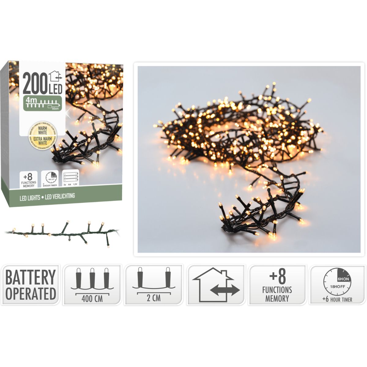 Micro Cluster 200 Led - 4M - Two Tone Romantic - Batterij - Lichtfuncties - Geheugen - Timer