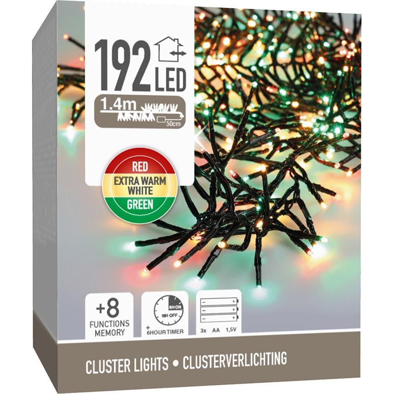Clusterverlichting 192 Led -  1.4M - Three Tone Traditional - Batterij - Lichtfuncties - Geheugen - Timer