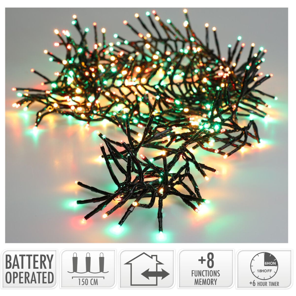 Clusterverlichting 192 Led -  1.4M - Three Tone Traditional - Batterij - Lichtfuncties - Geheugen - Timer