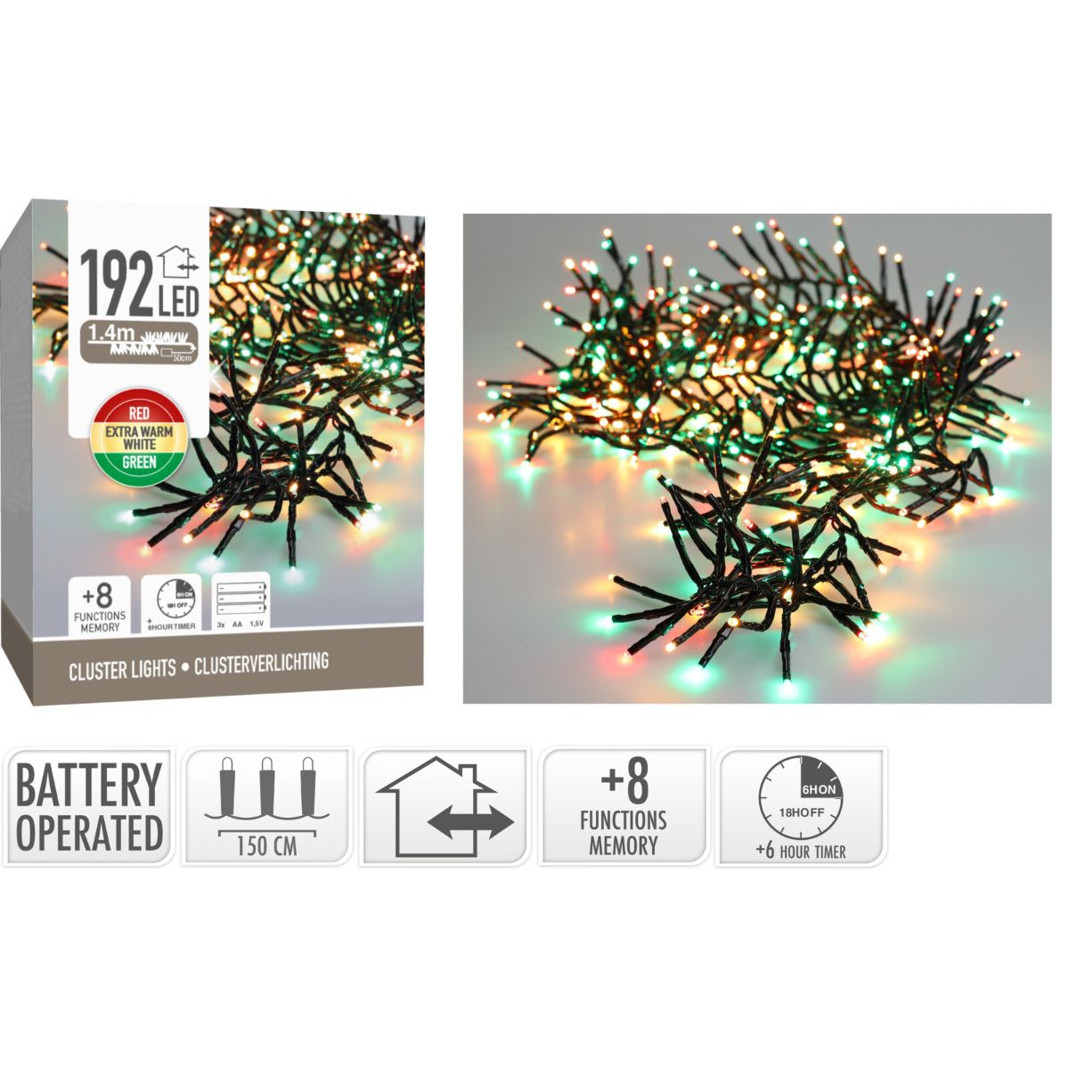Clusterverlichting 192 Led -  1.4M - Three Tone Traditional - Batterij - Lichtfuncties - Geheugen - Timer