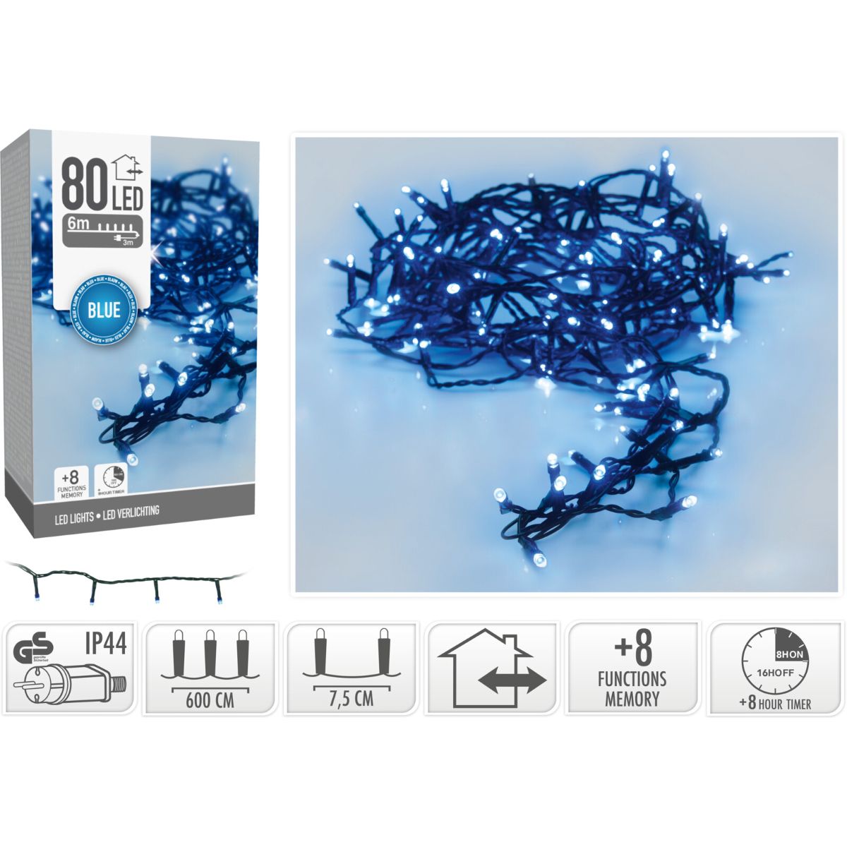 Kerstverlichting 80 Led- 6M - Blauw - Timer - Lichtfuncties - Geheugen - Buiten