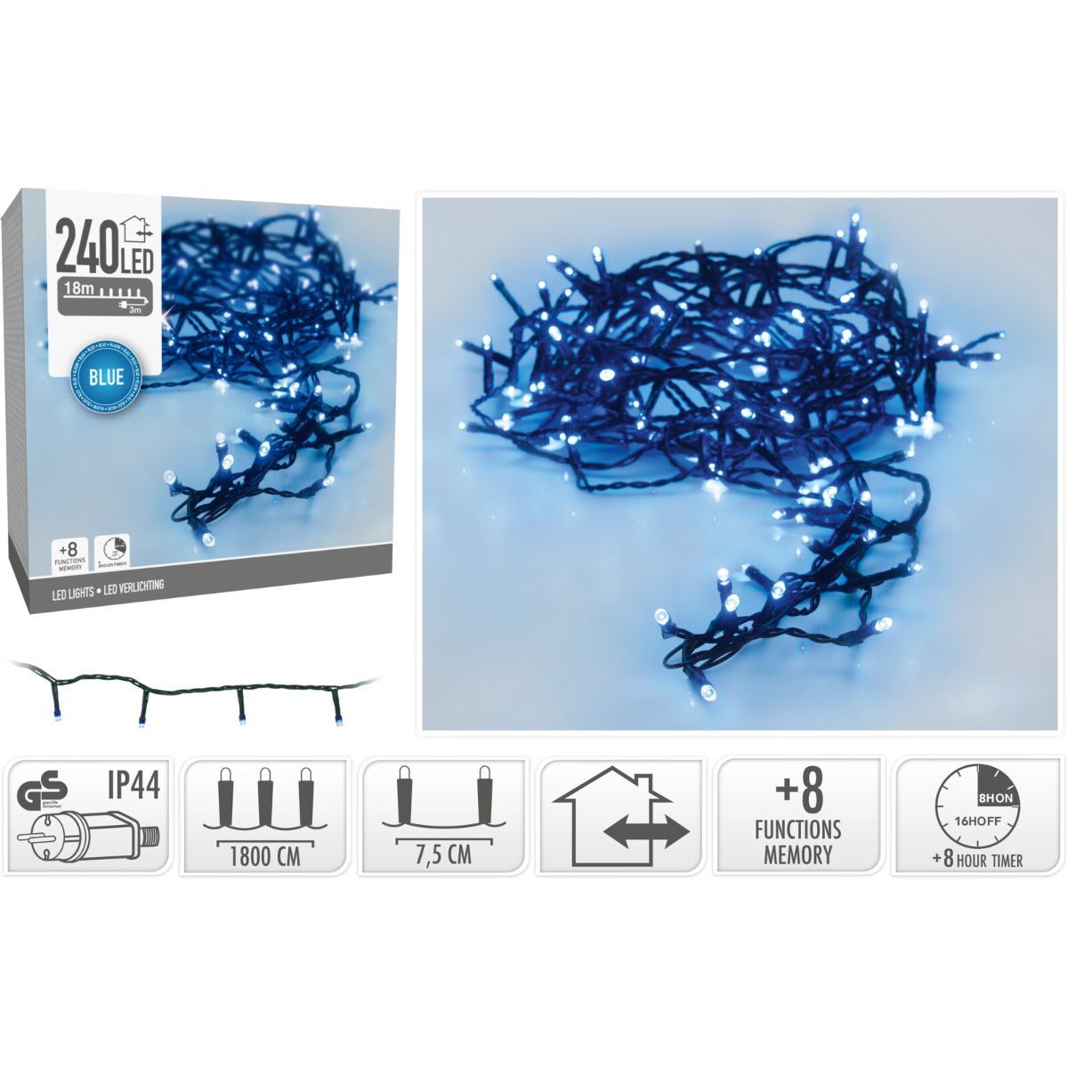 Kerstverlichting 240 Led- 18M - Blauw - Timer - Lichtfuncties - Geheugen - Buiten