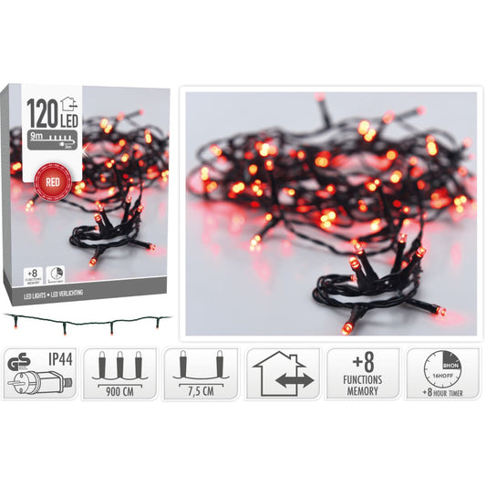 Kerstverlichting 120 Led- 9M - Rood - Timer - Lichtfuncties - Geheugen - Buiten