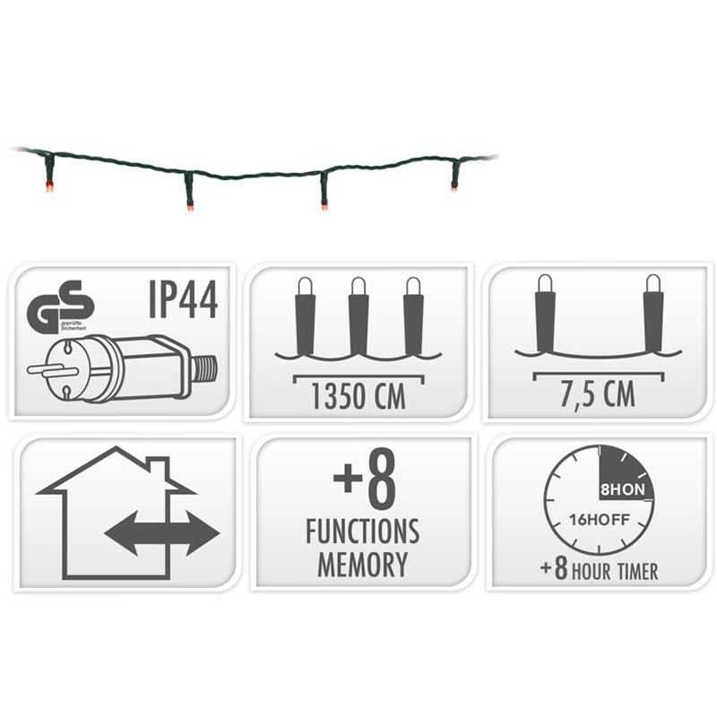 Kerstverlichting 180 Led- 13.5M - Rood - Timer - Lichtfuncties - Geheugen - Buiten