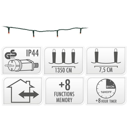 Kerstverlichting 180 Led- 13.5M - Rood - Timer - Lichtfuncties - Geheugen - Buiten