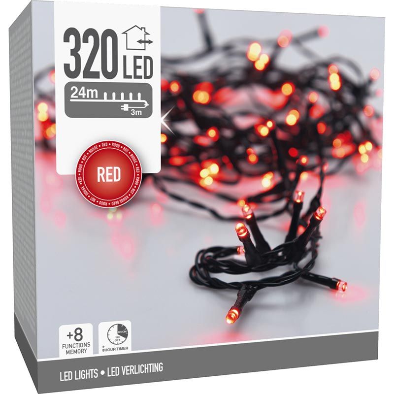 Kerstverlichting 320 Led- 24M - Rood - Timer - Lichtfuncties - Geheugen - Buiten