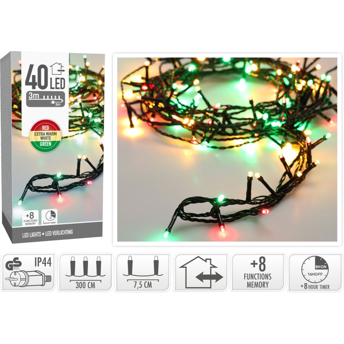Kerstverlichting 40 Led- 3M - Three Tone Traditional - Timer - Lichtfuncties - Geheugen - Buiten