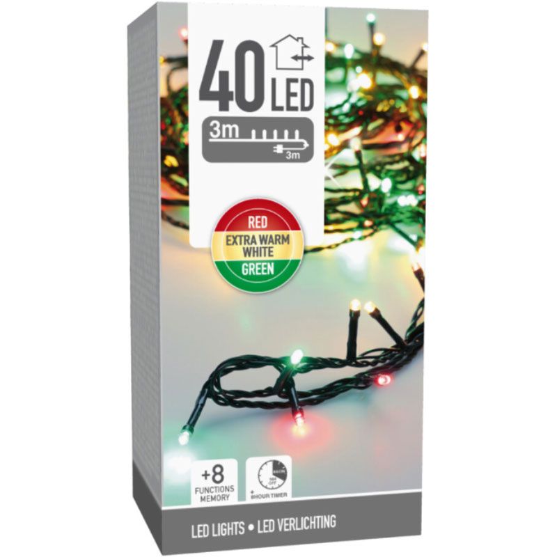 Kerstverlichting 40 Led- 3M - Three Tone Traditional - Timer - Lichtfuncties - Geheugen - Buiten