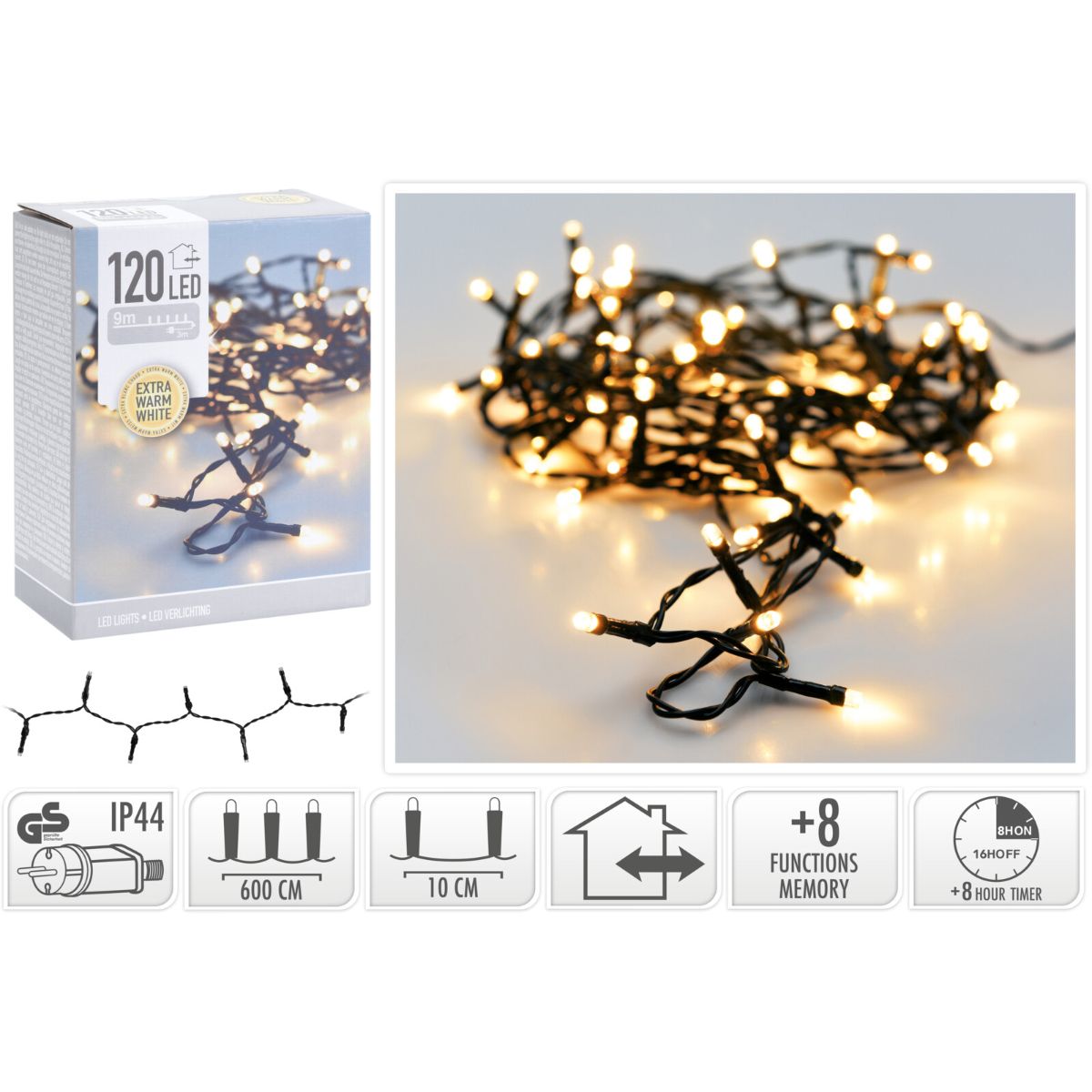 Kerstverlichting 120 Led- 9M - Extra Warm Wit - Timer - Lichtfuncties - Geheugen - Buiten