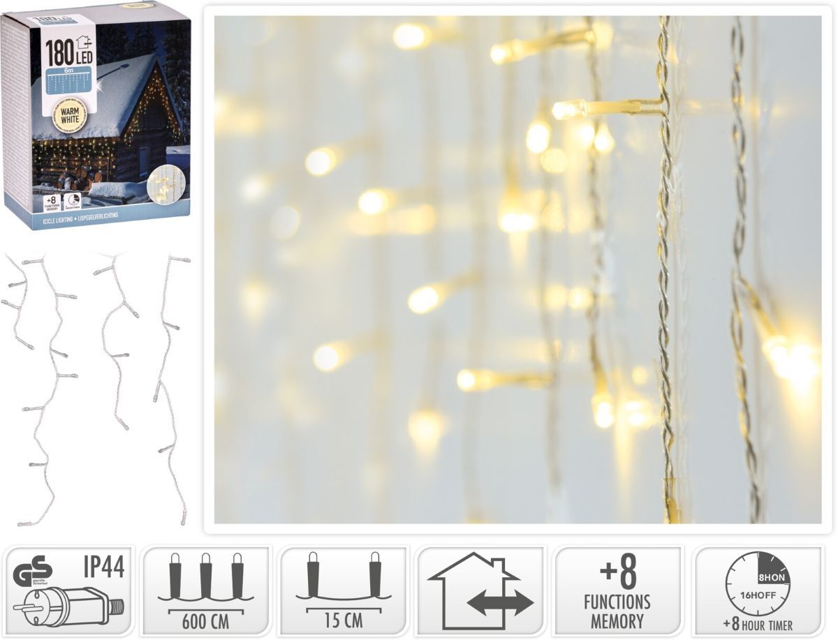 Ijspegel Verlichting 180 Led - Warm Wit - Lichtfuncties - Timer - Transparant Snoer