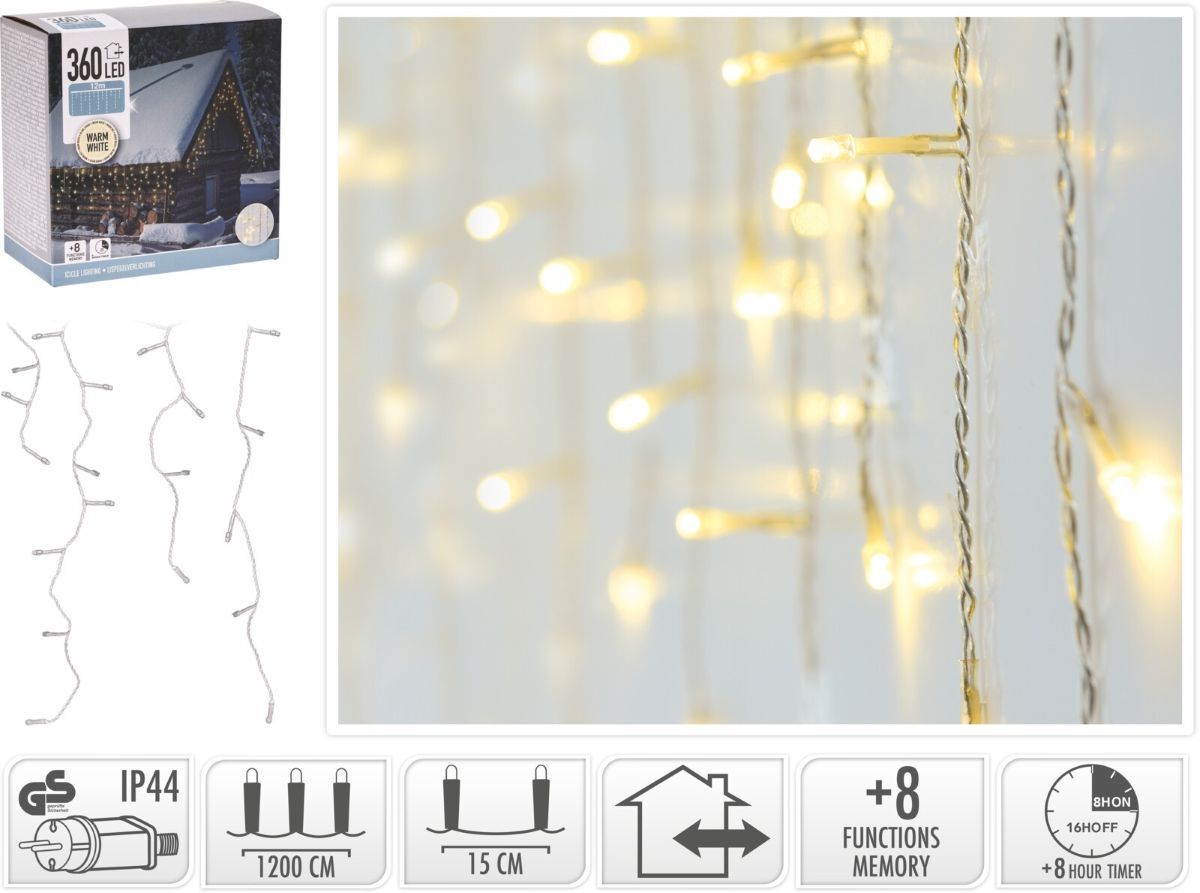 Ijspegel Verlichting 360 Led - Warm Wit - Lichtfuncties - Timer - Transparant Snoer