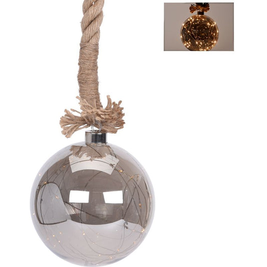 Glazen Bal Met 30 Led's - 15Cm - Jute Touw 100Cm